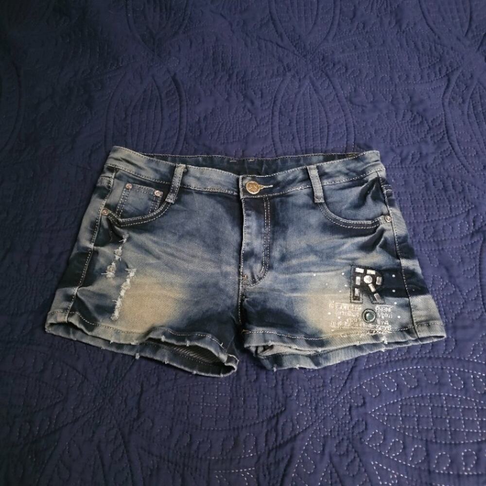Faded Denim Jorts Rhinestone Patch Frayed Detail Good Condition